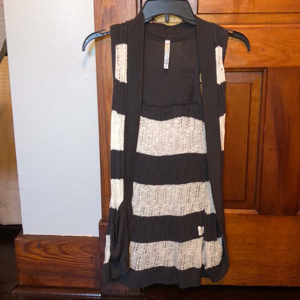 Navy blue and white cardigan vest.